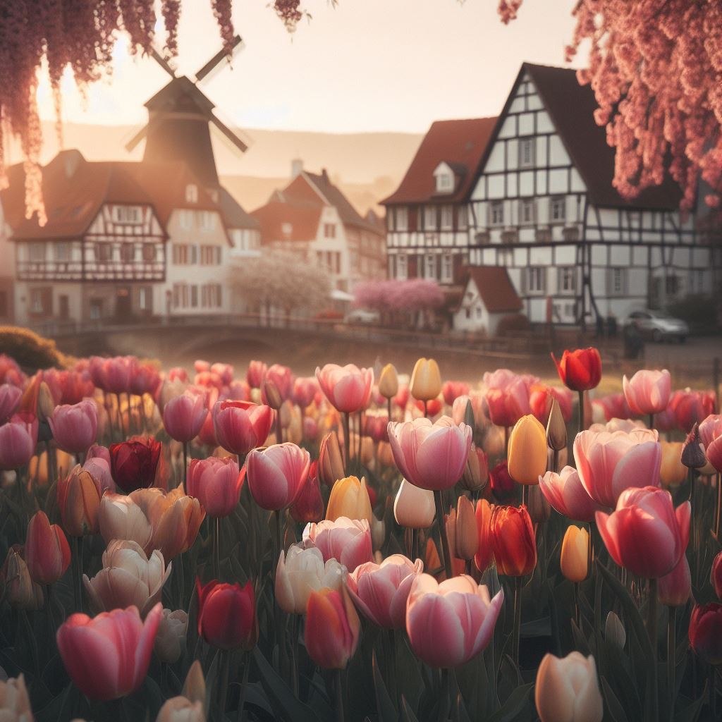 Hình nền hoa Tulip và làng quê