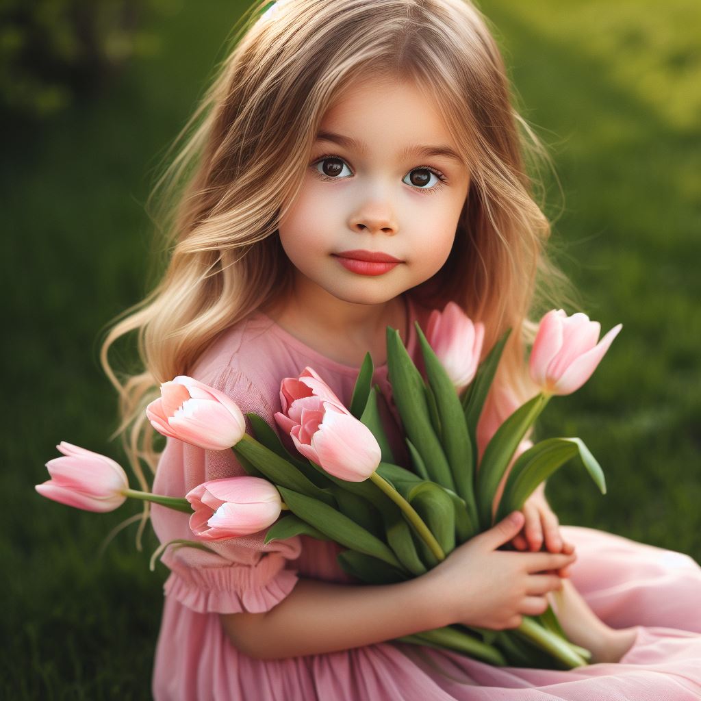 Hình ảnh em bé và hoa Tulip