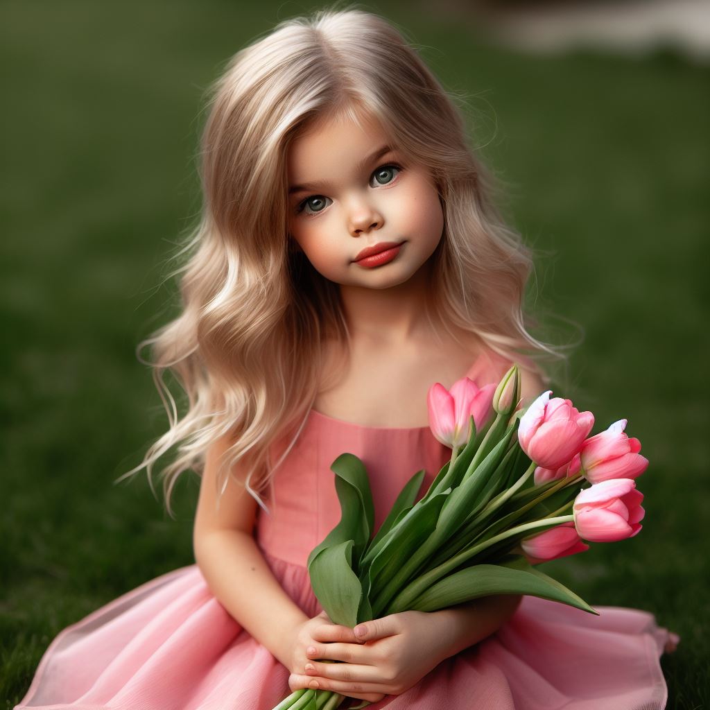 Hình ảnh em bé và hoa Tulip