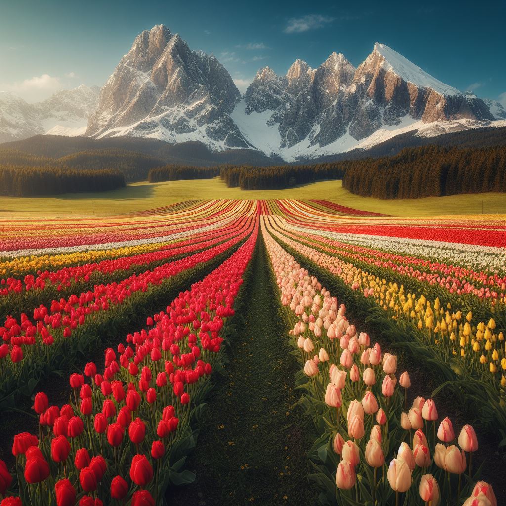 Hình nền hoa Tulip dưới chân núi