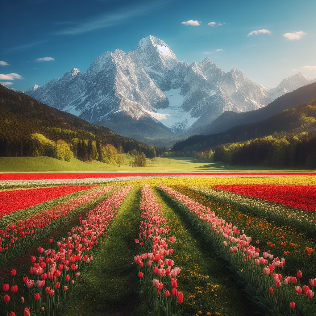 Hình nền hoa Tulip dưới chân núi
