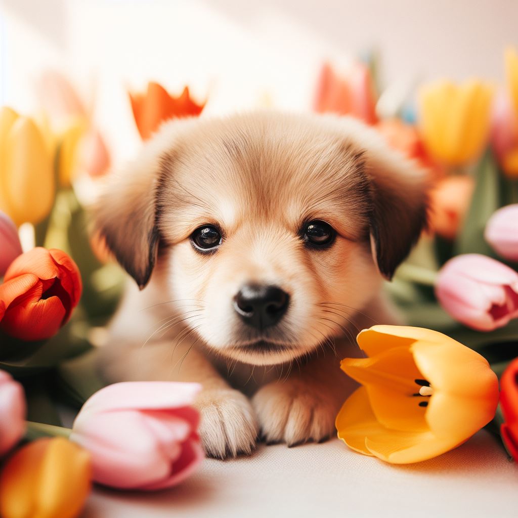 Hình nền hoa Tulip và chú chó con